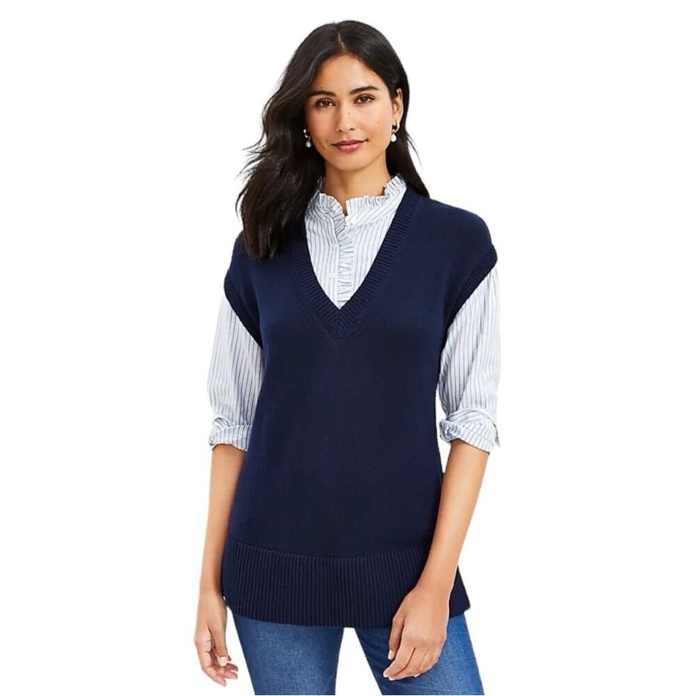 Loft Size XS Striped Ruffle Mixed Media Tunic Sweater Career Wear Old Money Blue